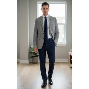 Men's Hugo Boss Two Button The Coast Blazer Jacket Plaid Stretch Gray Size 42R